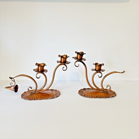 Vintage Solid Hammered Copper Candle Holders Candelabra Snuffer Gregorian MCM - Picture 3 of 14
